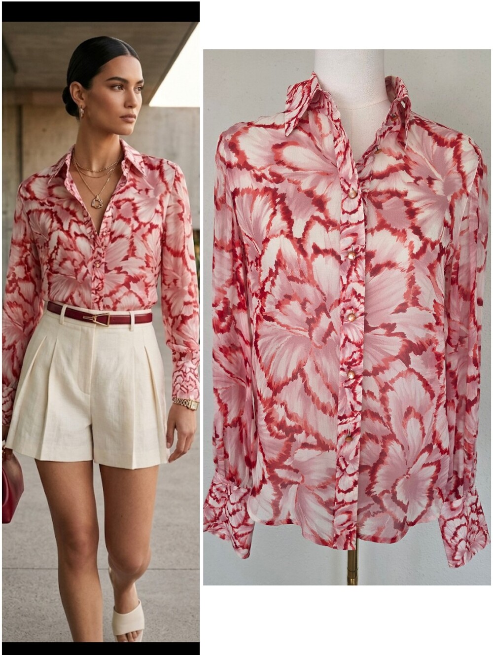 Vintage ESCADA 90s Silk Sheer Water Color Floral Collared Blouse 36 Us 4